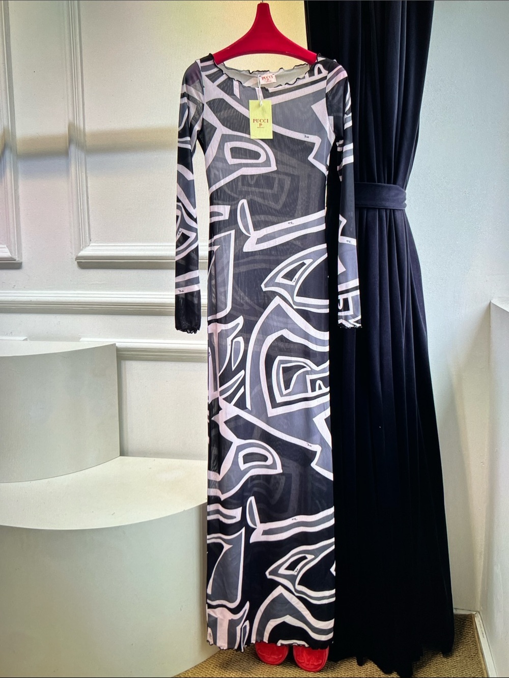 Emilio Pucci Black and White Long-Sleeve Graphic Maxi Dress